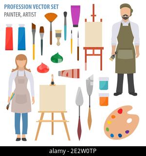 Profession and occupation set. Painter, artist accessories flat design icon.Vector illustration Stock Vector