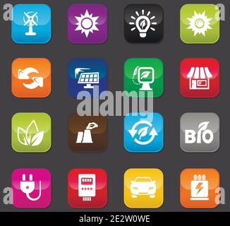 Alternative energy icons set for web sites and user interface. Colored buttons on a dark background Stock Vector