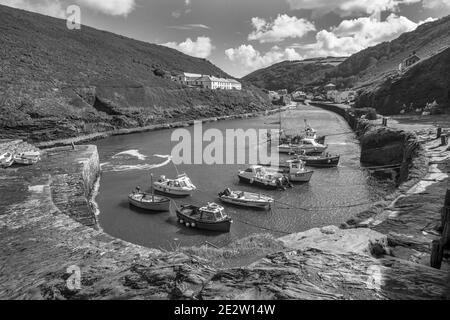 Boscastle old fishing harbour village in monochrome Stock Photo