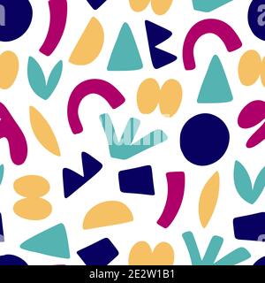 Minimalist abstract seamless pattern with colorful abstract shapes isolated on white background. Hand drawn doodle style vector illustration. Stock Vector