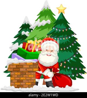 Santa in chimney with many gifts on white background illustration Stock Vector