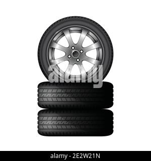 Pile of car tires with alloy wheel rim, tyre fitting service and sale advertisement poster, vector Stock Vector