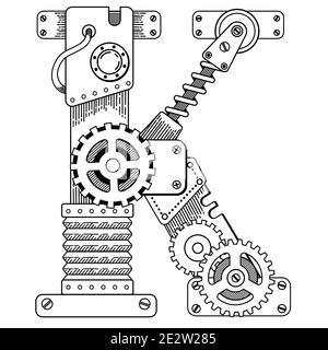 Vector coloring book for adults. Steampunk font. Mechanical alphabet made of metal gears and various details on white background. Letter K Stock Photo