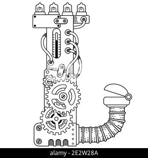 Vector coloring book for adults. Steampunk font. Mechanical alphabet made of metal gears and various details on white background. Letter L Stock Photo