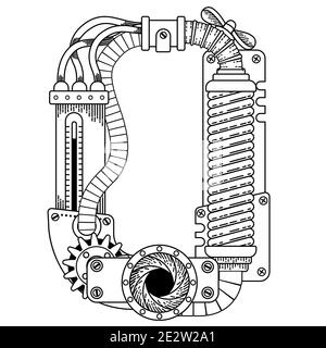 Vector coloring book for adults. Steampunk font. Mechanical alphabet made of metal gears and various details on white background. Letter O Stock Photo