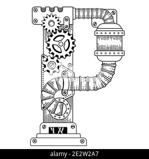Vector coloring book for adults. Steampunk font. Mechanical alphabet made of metal gears and various details on white background. Letter P Stock Photo