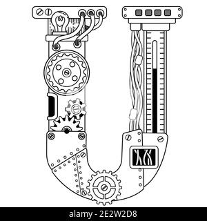 Vector coloring book for adults. Steampunk font. Mechanical alphabet made of metal gears and various details on white background. Letter U Stock Photo