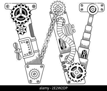Vector coloring book for adults. Steampunk font. Mechanical alphabet made of metal gears and various details on white background. Letter W Stock Photo