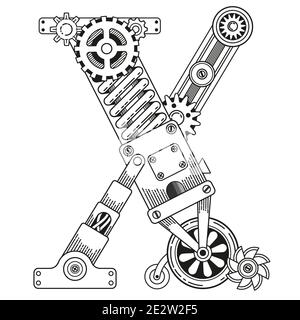 Vector coloring book for adults. Steampunk font. Mechanical alphabet made of metal gears and various details on white background. Letter X Stock Photo