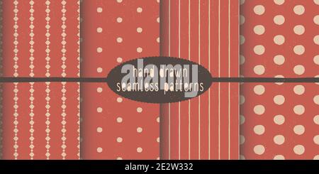 Set of hand drawn vector seamless patterns. Geometric - stripes and points. Doodle drawing with colored pencils. Red and white. Ideal for textiles Stock Vector
