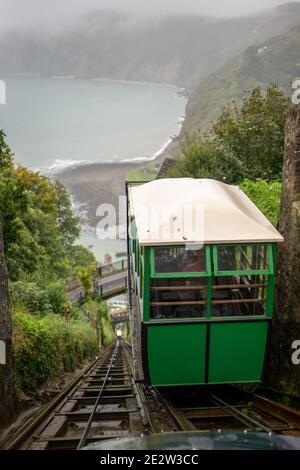 The Lynton and Lynmouth Cliff Railway starts its decent from Lynton station. Stock Photo