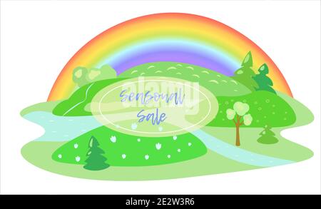 Vector spring landscape with rainbow for seasonal sale Stock Vector