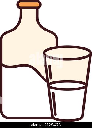breakfast milk bottle and cup line and fill style vector illustration Stock Vector