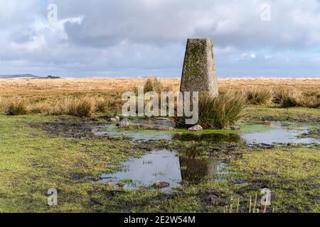 Ordnance Survey trig point at 445m on Dartmoor with South Hessary Tor beyond. Stock Photo