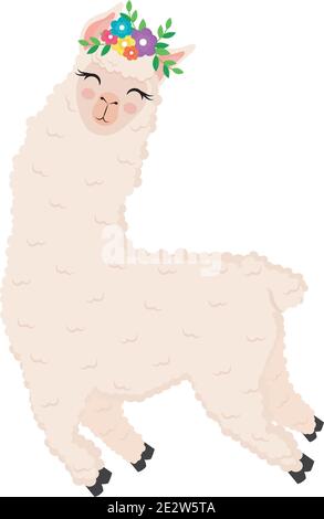 cute alpaca exotic with flowers in head Stock Vector