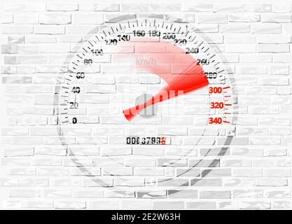 Speedometer with overswinging red arrow on the whitewashed brick wall, vector. Stock Vector