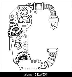 Vector Steampunk coloring book for adults. Mechanical letter alphabet made of metal gears and various details on white background. Capital letter C Stock Vector