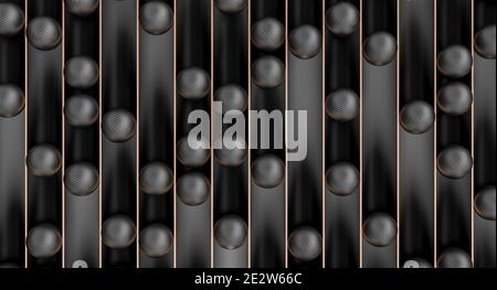 dark background with gold and black spheres with grooves. 3d render ...