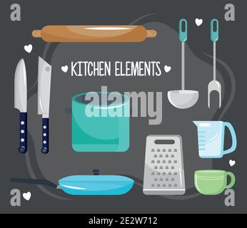 bundle of ten kitchen utensils set icons and lettering Stock Vector