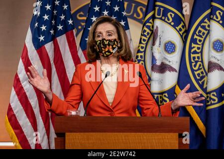 Washington, United States. 15th Jan, 2021. Speaker of the House Nancy Pelosi, D-CA speaks to reporters at her weekly news conference in Washington, DC on Friday, January 15, 2021. Pelosi says that impeachment mangers are preparing for the trial' 'which they will take to the Senate.' Photo by Ken Cedeno/UPI Credit: UPI/Alamy Live News Stock Photo