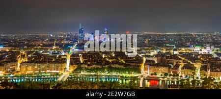Panorama of the city of Lyon at night from the Fourviere hill, in the Rhone, France