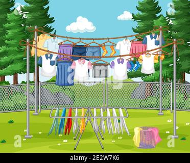 Clothes hanging on line in the yard illustration Stock Vector