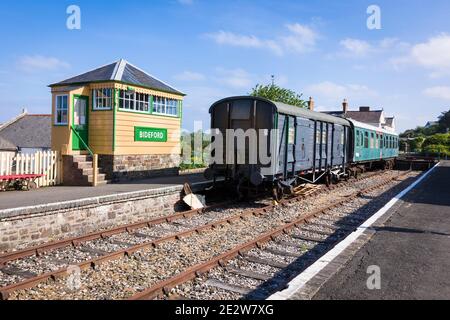The former railway station in Bideford North Devon England UK The picture shows old railway carriage used as an information centre and museum.The old
