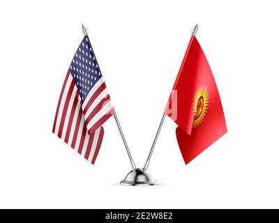 Desk flags, United States  America  and Kyrgyzstan, isolated on white background. 3d image Stock Photo