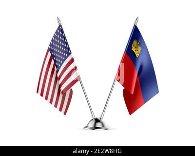Desk flags, United States  America  and Liechtenstein, isolated on white background. 3d image Stock Photo
