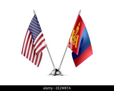 Desk flags, United States  America  and Mongolia, isolated on white background. 3d image Stock Photo