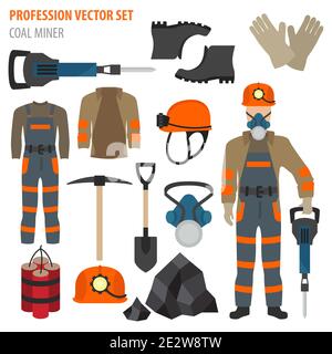Profession and occupation set. Coal mining equipment, miner tools flat design icon.Vector illustration Stock Vector