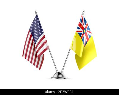 Desk flags, United States  America  and Niue, isolated on white background. 3d image Stock Photo