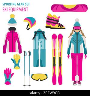 Sporting gear set. Ski equipment and skier woman flat design icon.Vector illustration Stock Vector