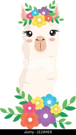 cute alpaca exotic animal with flowers decoration in head and neck Stock Vector