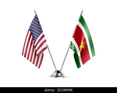 Desk flags, United States  America  and Suriname, isolated on white background. 3d image Stock Photo