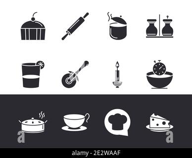 chef kitchen utensils and tools pot spatula glove bowl coffee cup icons set Stock Vector