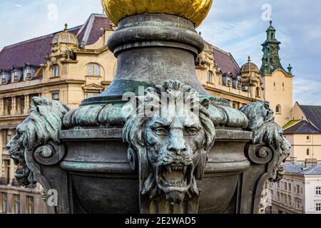 Lviv, Ukraine - July , 2020: Aerial view on Monument to Adam Mickiewicz in Lviv, Ukraine from drone Stock Photo