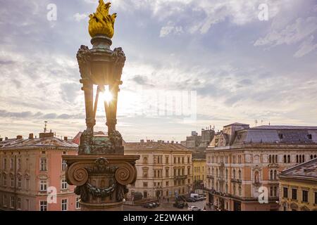 Lviv, Ukraine - July , 2020: Aerial view on Monument to Adam Mickiewicz in Lviv, Ukraine from drone Stock Photo