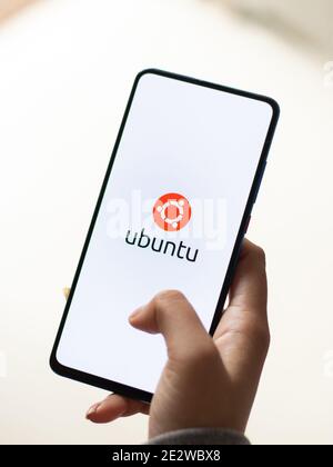 Assam, india - January 15, 2020 : Ubuntu logo on phone screen stock image. Stock Photo