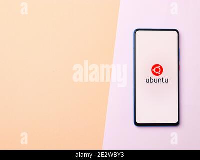 Assam, india - January 15, 2020 : Ubuntu logo on phone screen stock image. Stock Photo