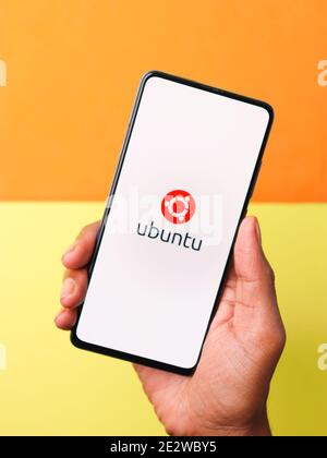 Assam, india - January 15, 2020 : Ubuntu logo on phone screen stock image. Stock Photo