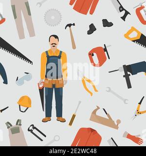 Profession and occupation set. Carpenter tools and  equipment. Seamless pattern. Vector illustration Stock Vector