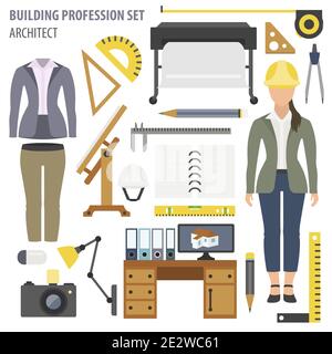 Profession and occupation set. Architect tools workplace equipment. Vector illustration Stock Vector