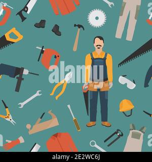 Profession and occupation set. Carpenter tools and  equipment. Seamless pattern. Vector illustration Stock Vector