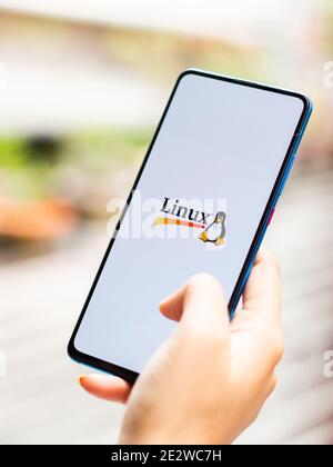 Assam, india - January 15, 2020 : Linux logo on phone screen stock image. Stock Photo