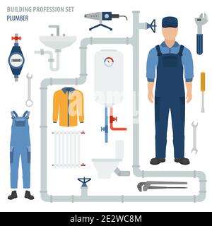 Profession and occupation set. Plumber tools and equipment. Uniform flat design icon. Vector illustration Stock Vector