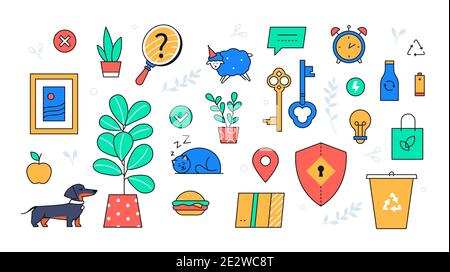 Eco lifestyle - colorful flat design style objects with line elements. Collection of elements, recycling bin, lightbulb. Shield, key, dachshund, cat s Stock Vector