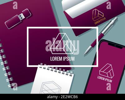 notebook with set elements mockup branding and square frame vector illustration design Stock Vector
