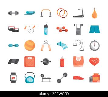 Fitness, workout and gym equipment set. Vector flat isolated objects.  Sports clothing, shoes and personal accessories icons Stock Vector Image &  Art - Alamy