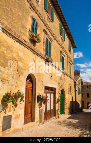 Residential buildings in the historic centre of the medieval town of Monticchiello near Pienza in Siena Province, Tuscany, Italy Stock Photo